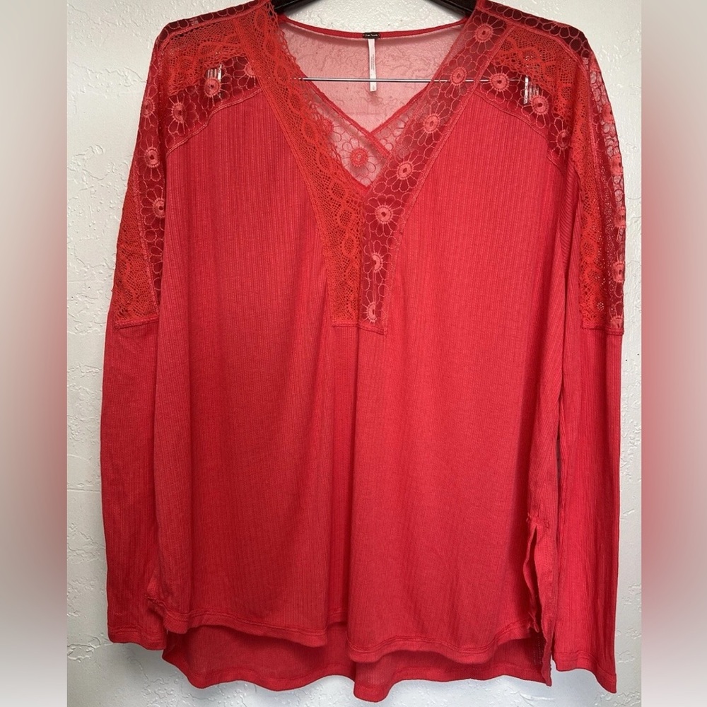 nwt Free People Lola Tunic Top Sz L Long Sleeve Sheer Lace Floral Rose Crimson